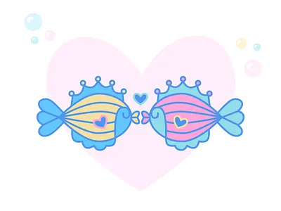 Kissing cute fishes background cute fish heart hearts illustration kiss love style tender vector