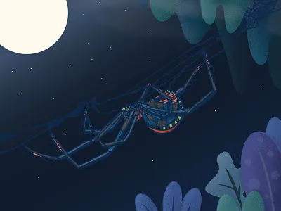 Arachnitronix Garden Weaver abstract plants cave design fog garden spider graphic design illustration line art mechanical metal night scene night time plants shape spider web stars tropical vector art vector illustration