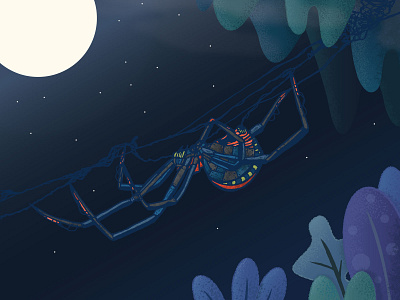 Arachnitronix Garden Weaver abstract plants cave design fog garden spider graphic design illustration line art mechanical metal night scene night time plants shape spider web stars tropical vector art vector illustration