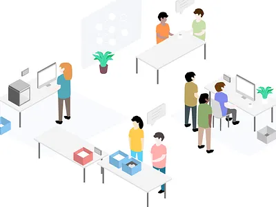 Makerspace 3d printer colaborate education illustration lab makerspace making office people school teacher university working