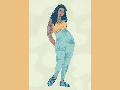 Plus size girl in patterned leggings athletic digital drawing flat girl illustration illustrative leaves plus size procreate tattooed girl tattoos