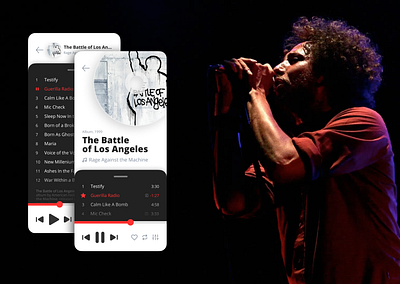 Concept of Music player mobile app (RATM edition) android app design app audio audio app audio player band merch black branding clean design ios app design minimal mobile app design music music app music art music player musician ui ux