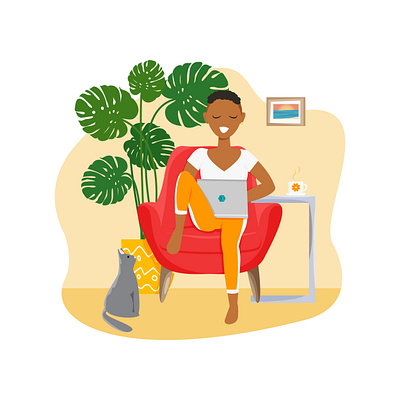 African handsome girl is freelancer and working at home businesswoman cartoon character character design concept design flat flat character design flat design freelance design freelance illustrator freelancer home home office house illustration interior stay home vector work at home