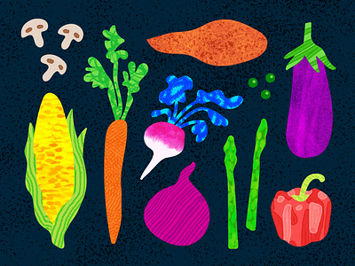 Veggies asparagus bell pepper bright carrot cooking corn dinner eat eggplant food illustration lunch mushrooms onion peas sweet potato texture turnip vegetables veggies