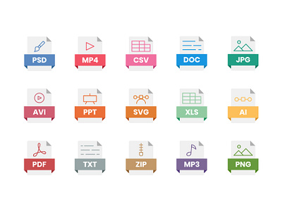 Document File Icon Set ai avi csv documents file iconsets interface jpg mp3 mp4 pdf png ppt psd svg svg icons txt xls zip