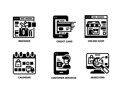 Online Shopping Solid line icon set advertising browser credit card customer service design fill icon illustration online outline search shipping shopping solid store vector