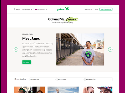 GoFundMe Heroes — Landing page css editorial gofundme grid grid layout landing pages layout responsive ui web web design website