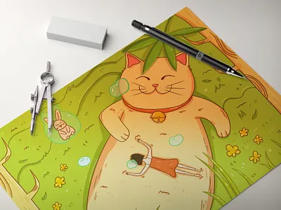 Day-2 Spring cat digital drawing green illustration procreate spring