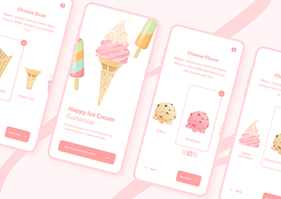 Daily UI #33 - Customize Product custom customizable customize customize product dailyui dailyui 033 flavor food ice cream ice cream shop ice cream topping illustration mobile app mobile ui pastel personalized pink shopping topping ui design