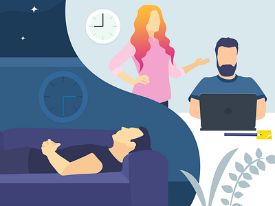 Remote team. While you're sleeping, we're working clock dekstop design illustration landing page landing page design man night night mode outsourcing overnight qa remotework sleep software development software testing teamwork time vector woman