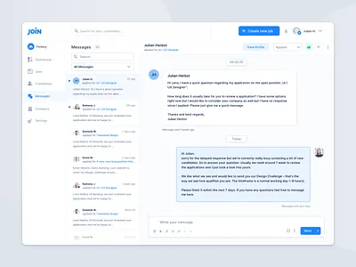 Hiring Platform – Messages / Chat actions chat clean communication contact creation dashboard experience hiring light messages modern overview platform tool ui user interface ux web app