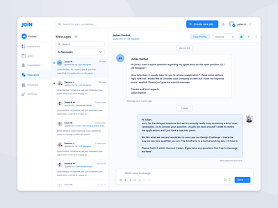 Hiring Platform – Messages / Chat actions chat clean communication contact creation dashboard experience hiring light messages modern overview platform tool ui user interface ux web app