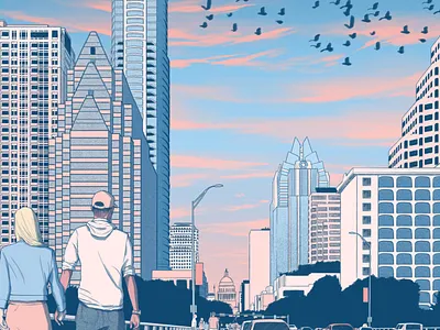 Austin cityscape couple digital editorial folioart illustration landscape sarah maxwell texture travel urban
