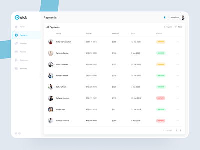 Quick - Online payment platform app clean dashboard design interface list payment platform table ui ux