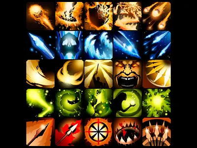 Game Graphics Ability icons ability design fire frost game art game design graphic design hunter icon illustration mobile game natural nature set set icons warrior