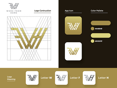 Work From Home ( W + F + H) - Branding & Logo Design ambigram awesome brand identity branding covid 19 design f gold gradient home logo luxury minimalist logo monogram pandemic symbol ui w wfh work from home