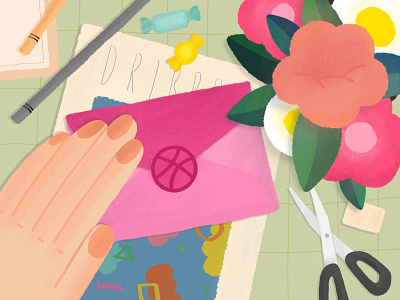 One invitation book drawing dribbble invitation dribbble invite envelope flat flora flower hand illustration invitation invite letter logo painting pencils slice suger