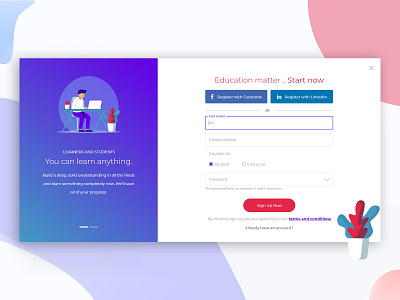 Registration design adobe xd colorful design education elearning learning material design purple registration slider student ux