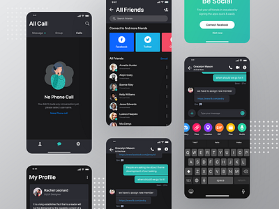 Messaging app dark interface behance case study chat profile design dark night black interface experience iphone x ios android message conversation text minimal clean modern social media network ui ux user kit web website webdesign