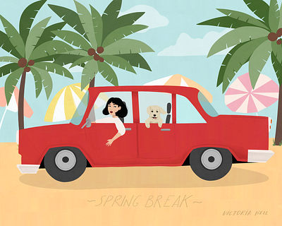 Spring Break beach car digital dog editorial illustration holidays illustration illustration art illustrator ipadpro lifestyle illustration painting spring break woman illustration