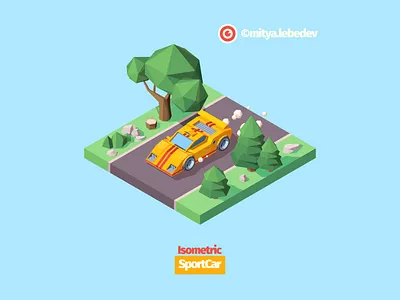 Sport Car On The Road adobe illustrator car colorful concept game design illustration illustrator isolated isometric isometry product project road rock speed sportcar tires trees vector