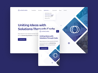 United Codes blue branding design hero section minimalist mobile ui white wordpress