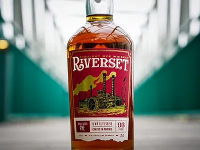 Riverset - Straight Rye Whiskey bourbon brand identity branding design distillery foil gold illustration label logo packaging photography red river riverboat riverset rye spirits straighy whiskey