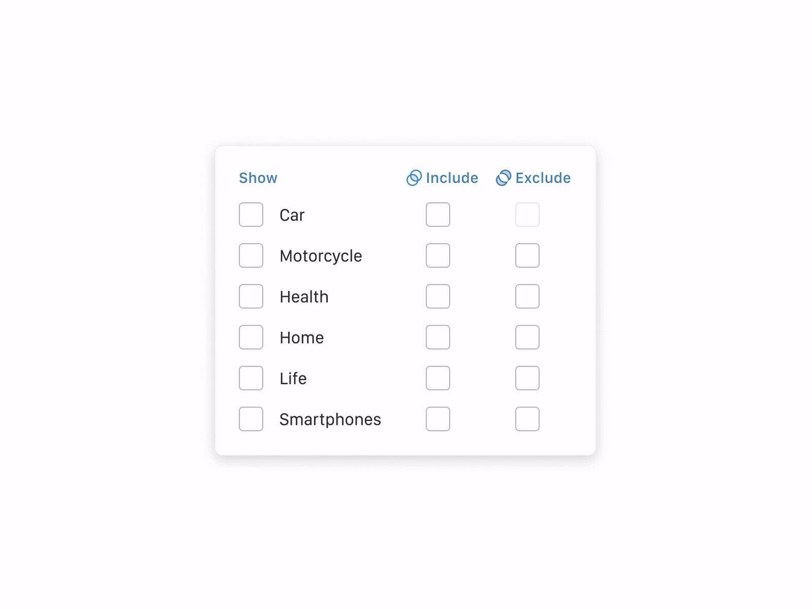 Boolean advanced multi selection filter action advanced animation blue diagram dropdown exclude filter icon icons include interaction multi multiselect search selection touch venn