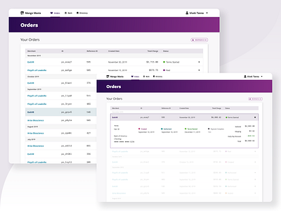 Rumbleship Dashboard - Orders dashboad financial list view menu bar order table ui user interface