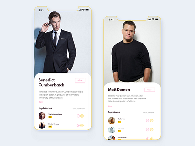 Profile Page Design - UI Challenge app design benedict cumberbatch daily ui dailyui iphone x matt damon mobile app design mobile design mobile ui phone mockup phone ui profile profile design profile page ui ui ux ui design uidesign uiux