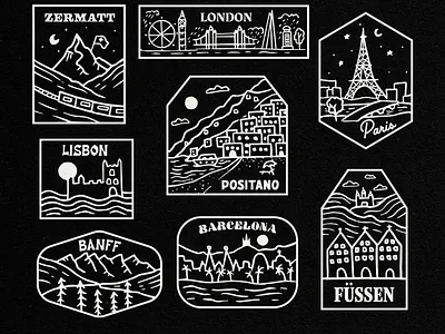 Worldwide City Patches badge logo badgedesign badges banff barcelona city fussen illustration lisbon london paris patches positano travel vector illustration zermatt