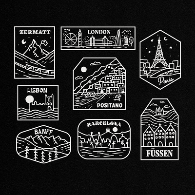 Worldwide City Patches badge logo badgedesign badges banff barcelona city fussen illustration lisbon london paris patches positano travel vector illustration zermatt