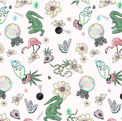 Florida Mystic Print apparel design crystals florida flowers gator illustration marijuana leaf pattern design patterns print print design repeat pattern snake surface pattern surface pattern design surface pattern designer textile design tropical voodoo