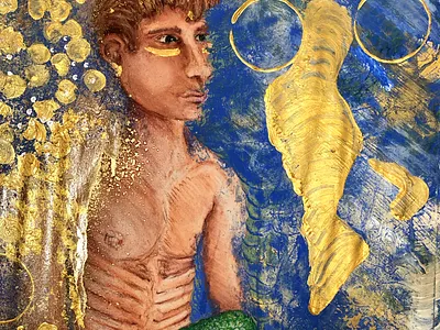 Kintsukuroi art charcoal colored charcoal creatures drawing gold golden illustration merman ocean painting pastel pastels