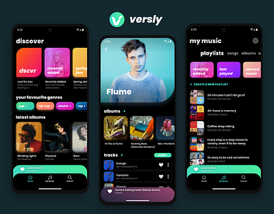 Versly Music Player - Dark Mode android app branding dark dark mode dark theme dark ui gravit designer ios mobile mobile app music music player samsung ui ux