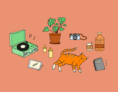 Quarantine & Chill bourbon chill chill vibes film camera graphic design houseplant illustration orange tabby procreate procreate illustration quarantine vinyl record