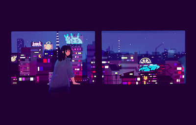 window watching buildings character city concept art digital art girl illustration lights overlay overwatch procreate progress sketch style