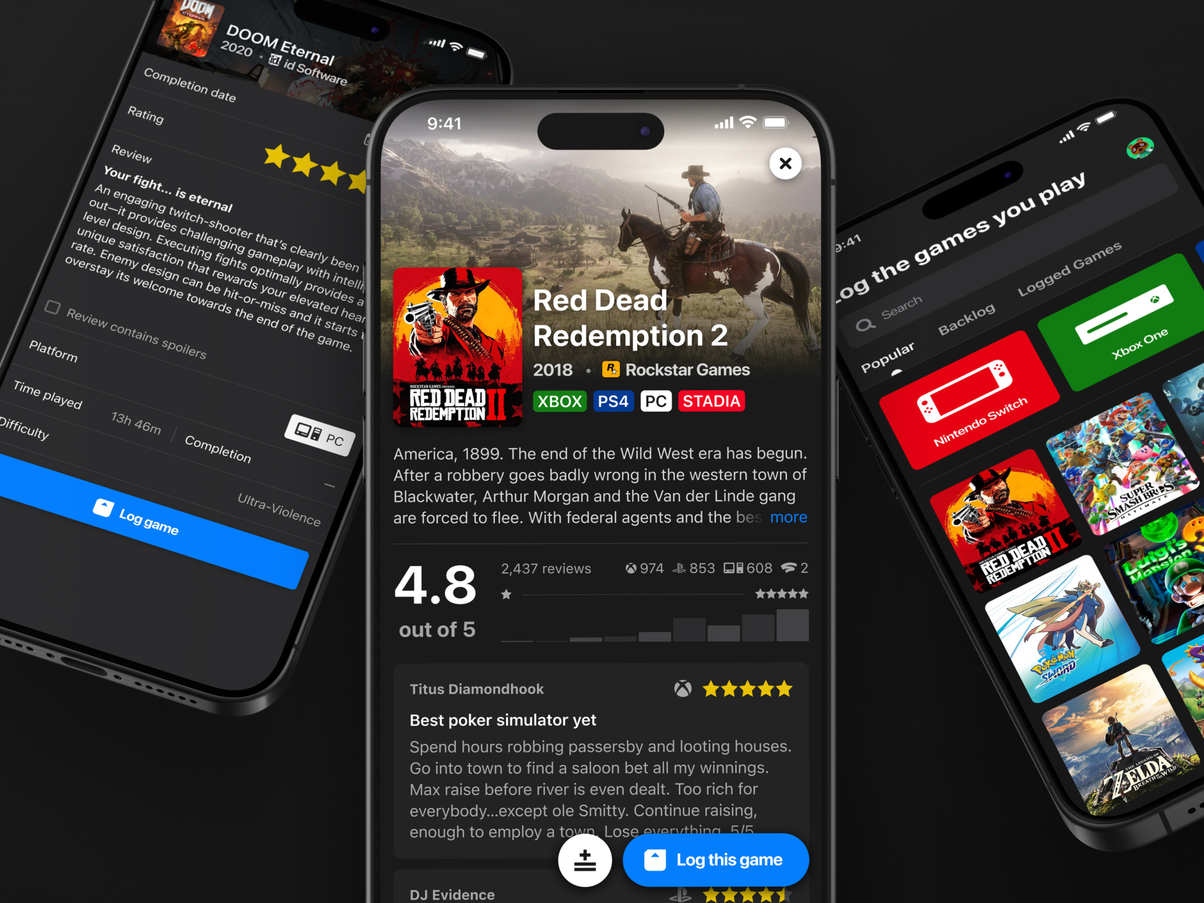 Video game logging app 3ds backlog dark icon iphone log logging memory card microsoft xbox mobile app mockup nintendo switch pc product review sony ps4 timeline ux ui design video game