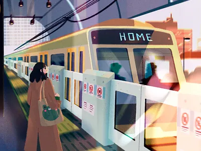 lets go home afternoon character city concept art digital art frog girl home illustration lights procreate simple station train waiting