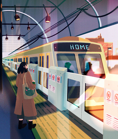 lets go home afternoon character city concept art digital art frog girl home illustration lights procreate simple station train waiting