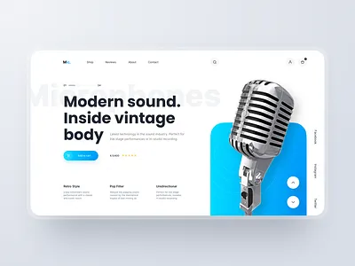 Landing Page: Vintage Microphone blue design desktop ecommerce figma header hero landing light market microphone music page section sound store ui ux web website
