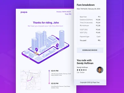 Papa Taxi Email Receipt 2d app art branding clean design email flat illustration invoice map minimal mobile pink purple taxi ui ux vector web