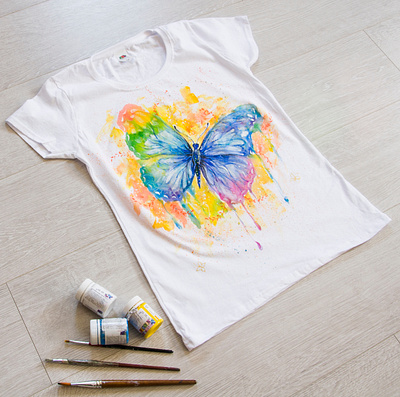 hand-painted t-shirt, butterfly, customization apparel design fashion hand painted handmade illustration paint painting style wear