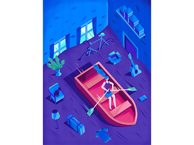 "I never throw anything out" bike boat house illustration isometric magazine psychology room woman