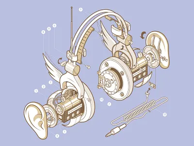 How to Open Your Ears 3d 3d art earphones ears guidebook headphones illustration isometric mechanical outline technical