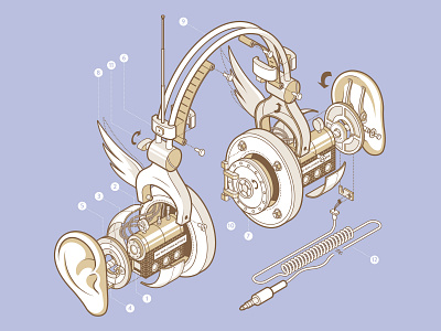 How to Open Your Ears 3d 3d art earphones ears guidebook headphones illustration isometric mechanical outline technical