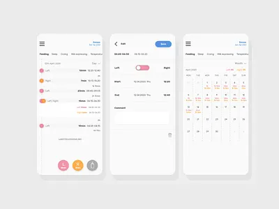 Feeding tracker redesign adobe adobe xd app app design calendar editing form grays minimalism redesign tabs timeline ui uiux ux