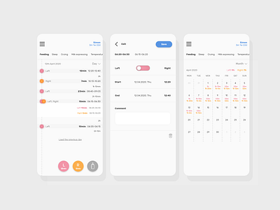 Feeding tracker redesign adobe adobe xd app app design calendar editing form grays minimalism redesign tabs timeline ui uiux ux