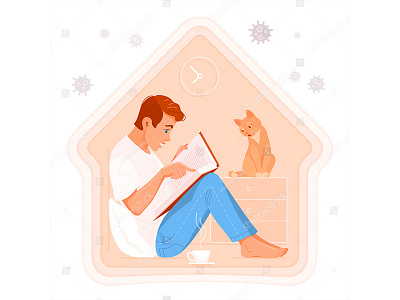 Stay home, read books book cartoon cat corona coronavirus covid cozy disease epidemic home icon illustration man quarantine read sitting stay sticker vector virus