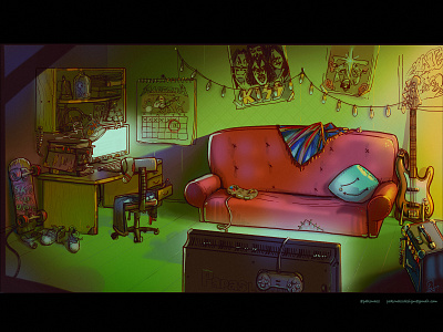 Animation background animation background background art bass guitar cg art concept art digital painting fender illustration interrior metalhead room skater boy teenager